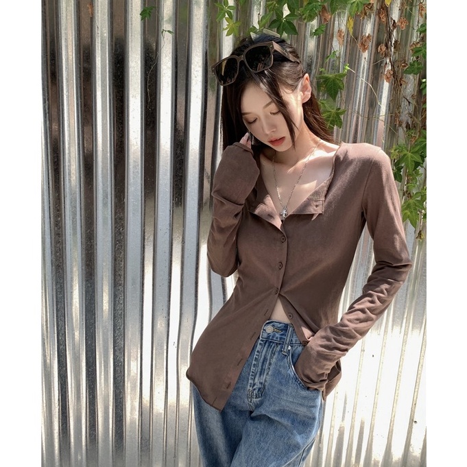 Porozi  Áo tay dài cổ chữ v màu sắc đơn giản cho nữ