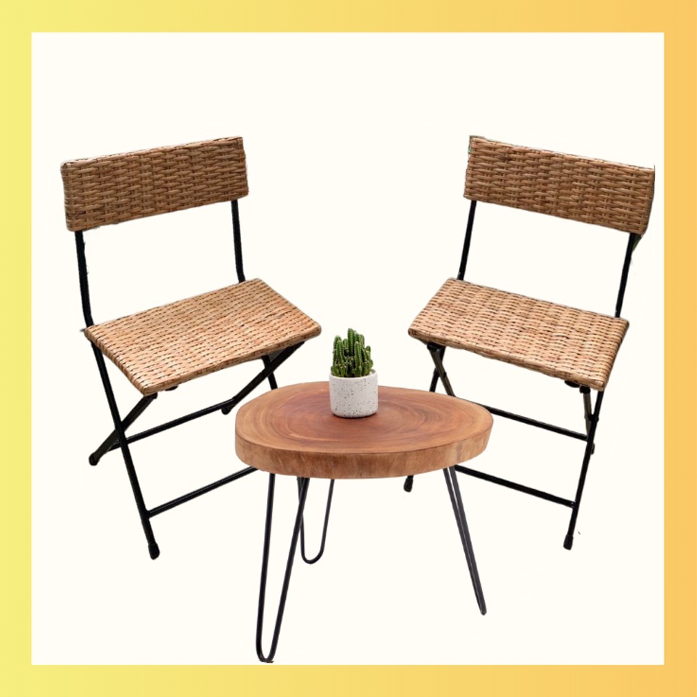 [combo siêu rẻ] combo bàn ghế vỏ mây đan xếp gọn kết hợp bàn gỗ nguyên tấm, phù hợp làm quán Cafe / ban công / Homes
