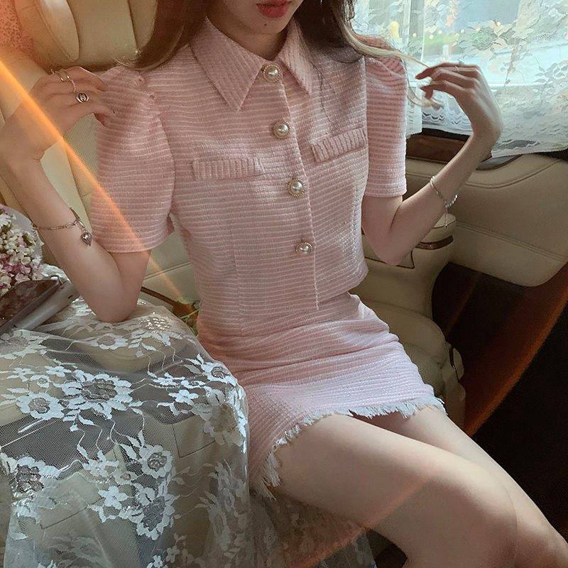 Set Áo Váy Ngắn Len Dệt Kim Quảng Châu Ôm Body Siêu Tôn Dáng