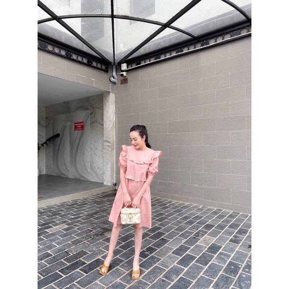 Váy suông viền bèo trơn đơn sắc hồng và nâu, form dễ mặc thoải mái