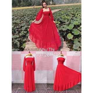 (miễn phí chỉnh váy) đầm maxi đỏ hở vai tay phồng dài váy xòe, đầm hot trend đi du lịch chụp hình sống ảo