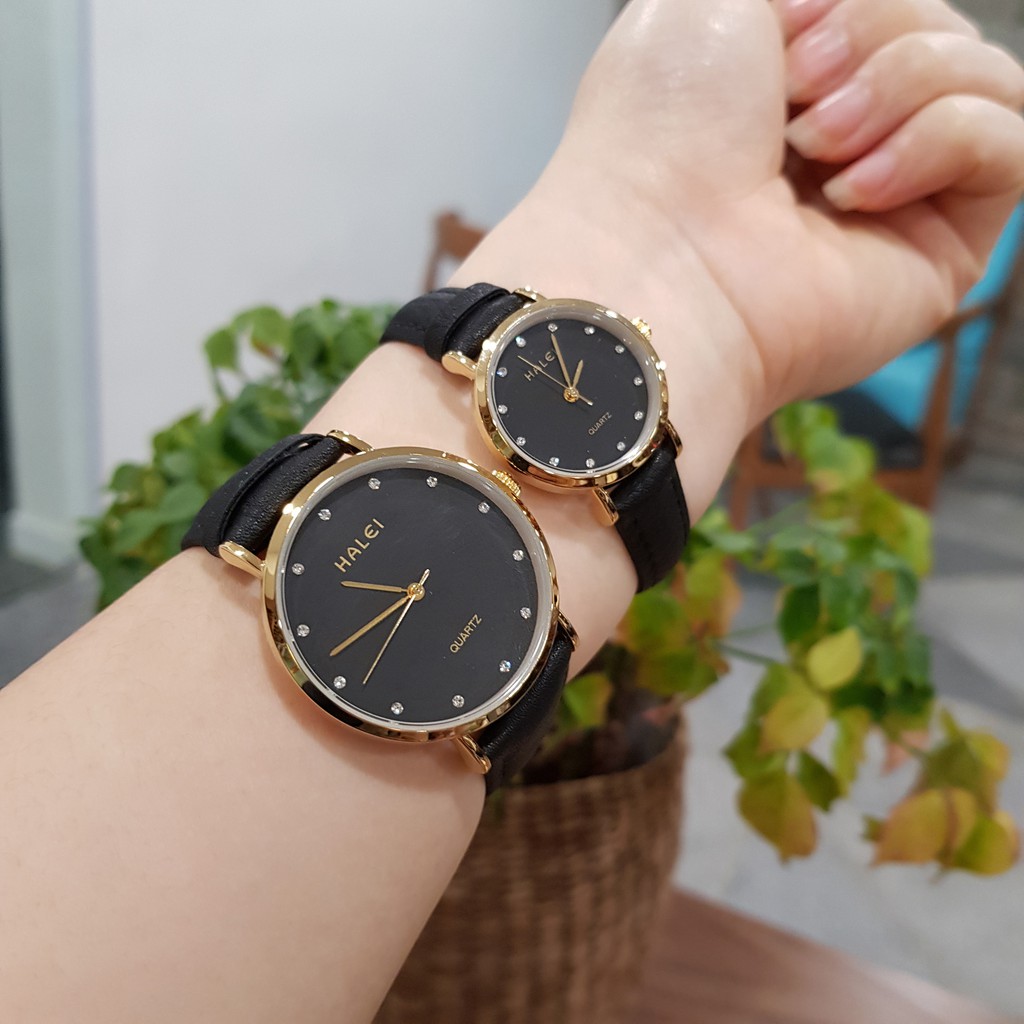 Đồng hồ cặp đôi nam nữ Halei dây da đen mặt ngọc chính hãng Tony Watch 68 | BigBuy360 - bigbuy360.vn