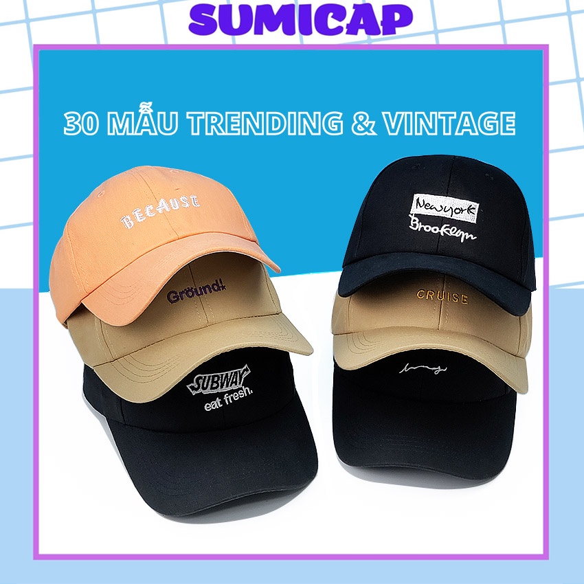 Mũ lưỡi trai nam nữ Hàn Quốc nón kết vintage đẹp vải kaki thêu chữ đen trắng trơn cá tính SUMICAP
