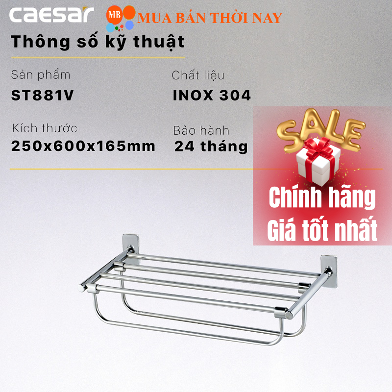 Kệ treo khăn inox Caesar ST881V, thanh treo khăn inox 304, Cam kết chính hãng