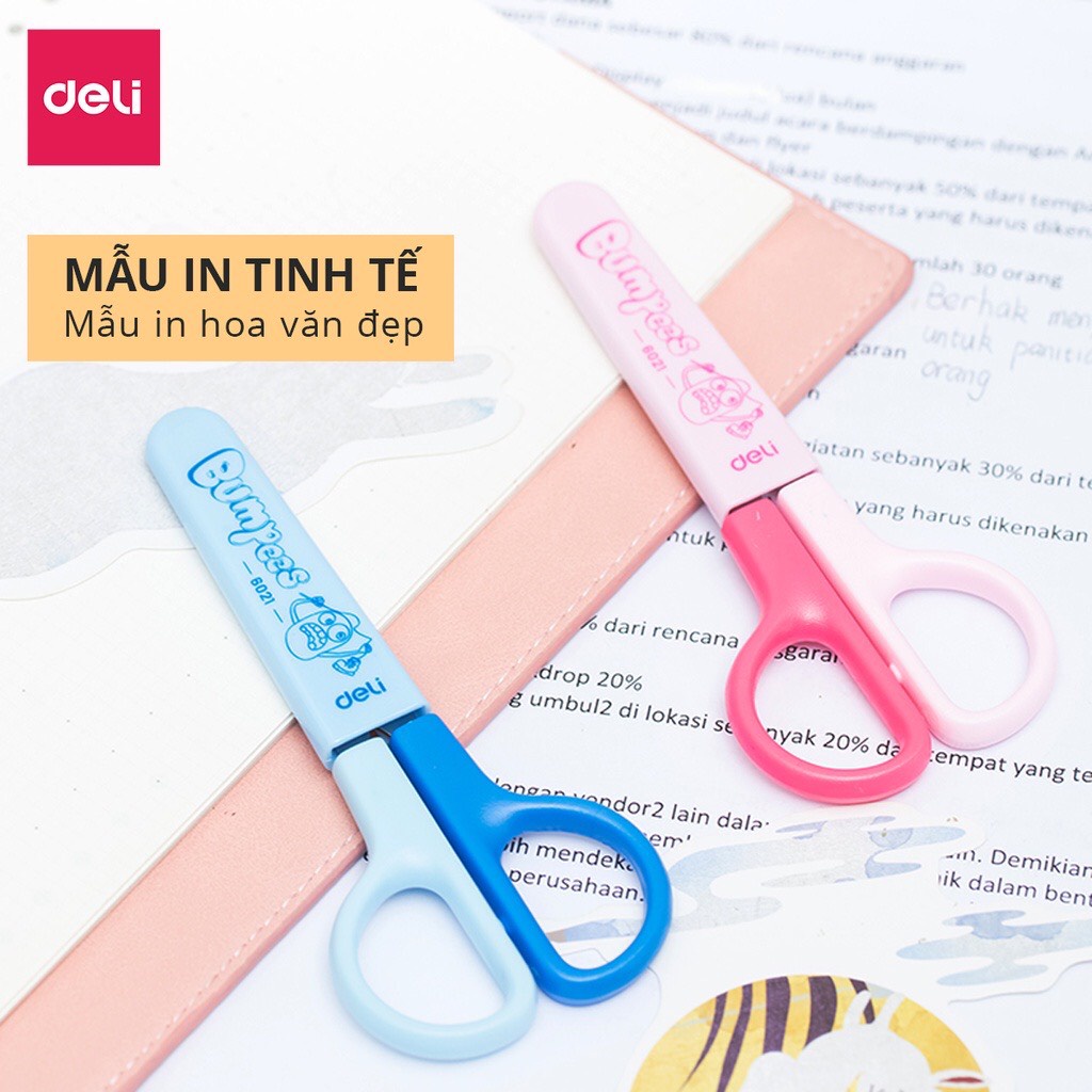 Kéo cắt giấy thủ công cho bé Deli có nắp bảo vệ - 6021 - màu Hồng / Xanh - kéo cắt giấy thủ công an toàn - MIYABI STORE