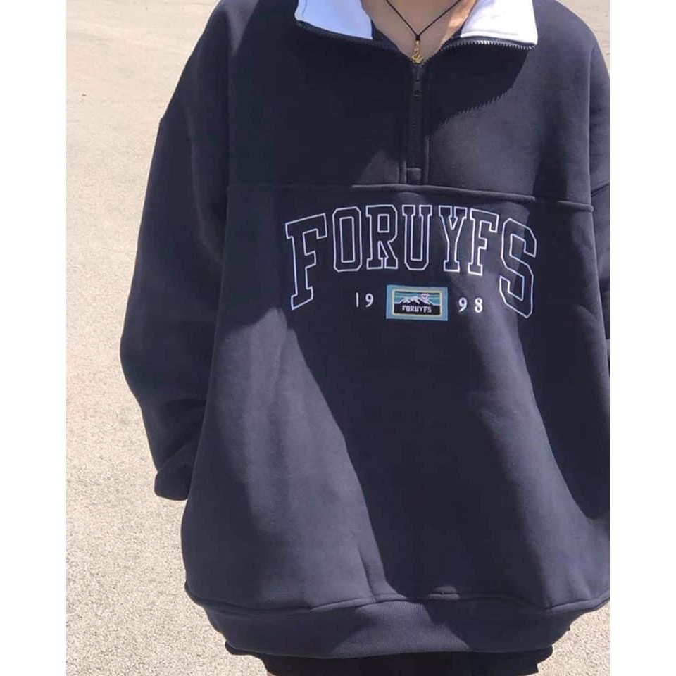 Áo Nỉ PoLo Khoá Cổ Áo Nỉ Nữ Sweater Xanh Than Cao Cổ Dài Tay Bồng Form Rộng Cá Tính Ulzzang | BigBuy360 - bigbuy360.vn