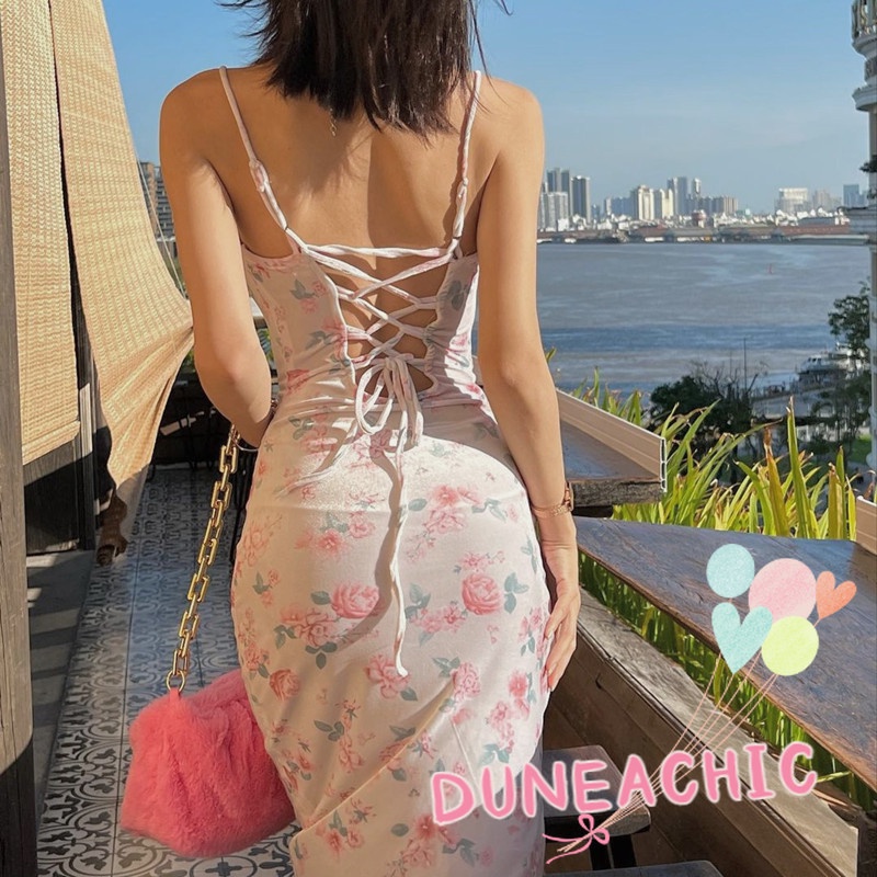 DUNEA Đầm Hai Dây Hở Lưng Họa Tiết Hoa Xinh Xắn Cho Nữ