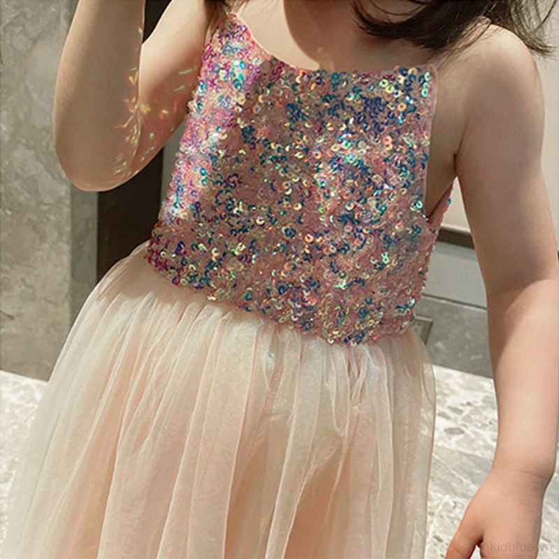 Đầm Hai Dây Phối Lưới Đính Kim Sa Lấp Lánh Thời Trang Mùa Hè Cho Bé Gái