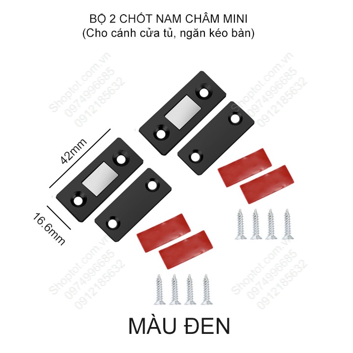 Bộ 2 chốt nam châm mini cho cửa tủ, ngăn kéo bàn, cửa trượt với nam châm có lực hút mạnh kèm băng dính 2 mặt và vít