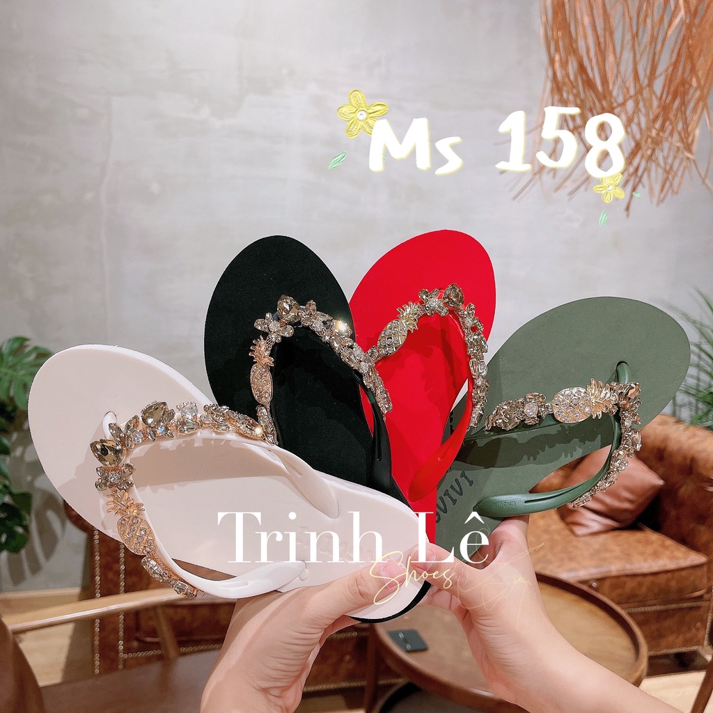 Dép kẹp, dép xỏ ngón, tông nữ đính đá Quảng Châu Qybaby 009 đen/trắng/đỏ/xanh rêu/hồng - TRINH LÊ SHOP