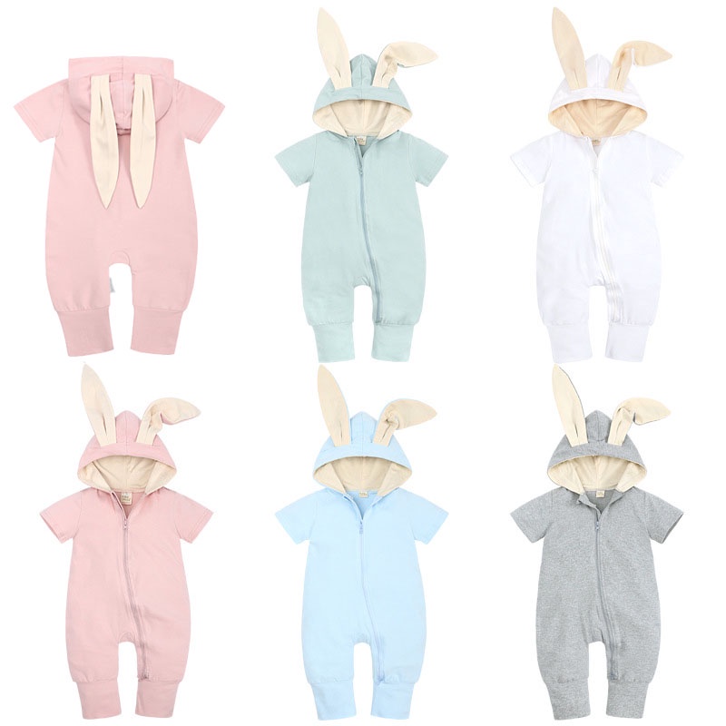 Bộ Áo Liền Quần Vải Cotton Tay Ngắn In Hình Thỏ Dễ Thương Thời Trang Mùa Hè Cho Bé Sơ Sinh