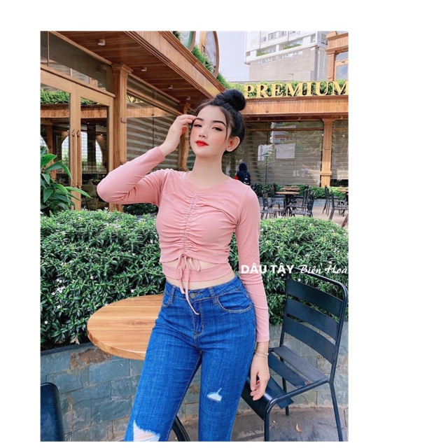 Á croptop tay dài dây rút