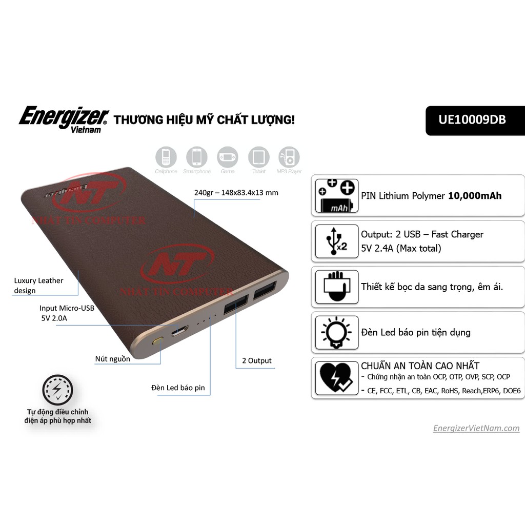 Pin sạc dự phòng Energizer 10,000mAh Li-Po 2 cổng USB Luxury Leather - UE10009DB (Nâu)