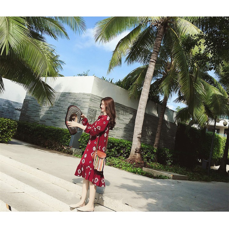 Đầm suông hè 2019 mới chất voan họa tiết nơ cổ dài tay SP.01525