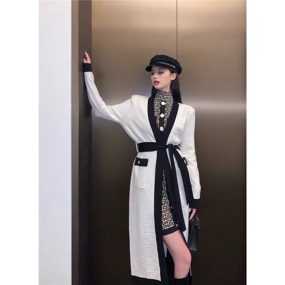 Bella ✨Váy body kẻ ô phối cúc và cadigan thắt eo dáng dài sang chảnh