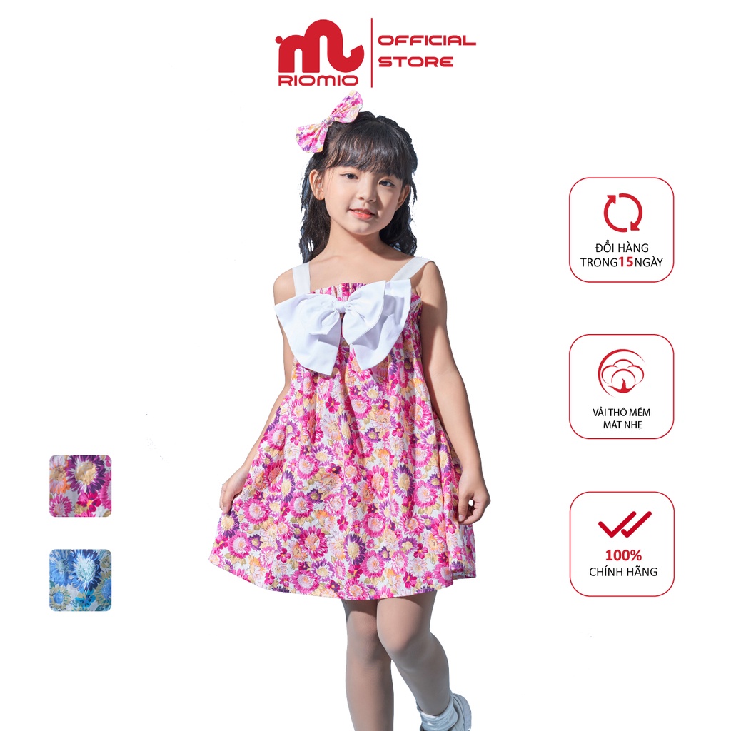 Váy bé gái 3-11 tuổi (15-40kg) RIOMIO 2 dây nơ ngực họa tiết hoa 2 màu xanh và hồng chất cotton siêu xinh cho bé - RV181
