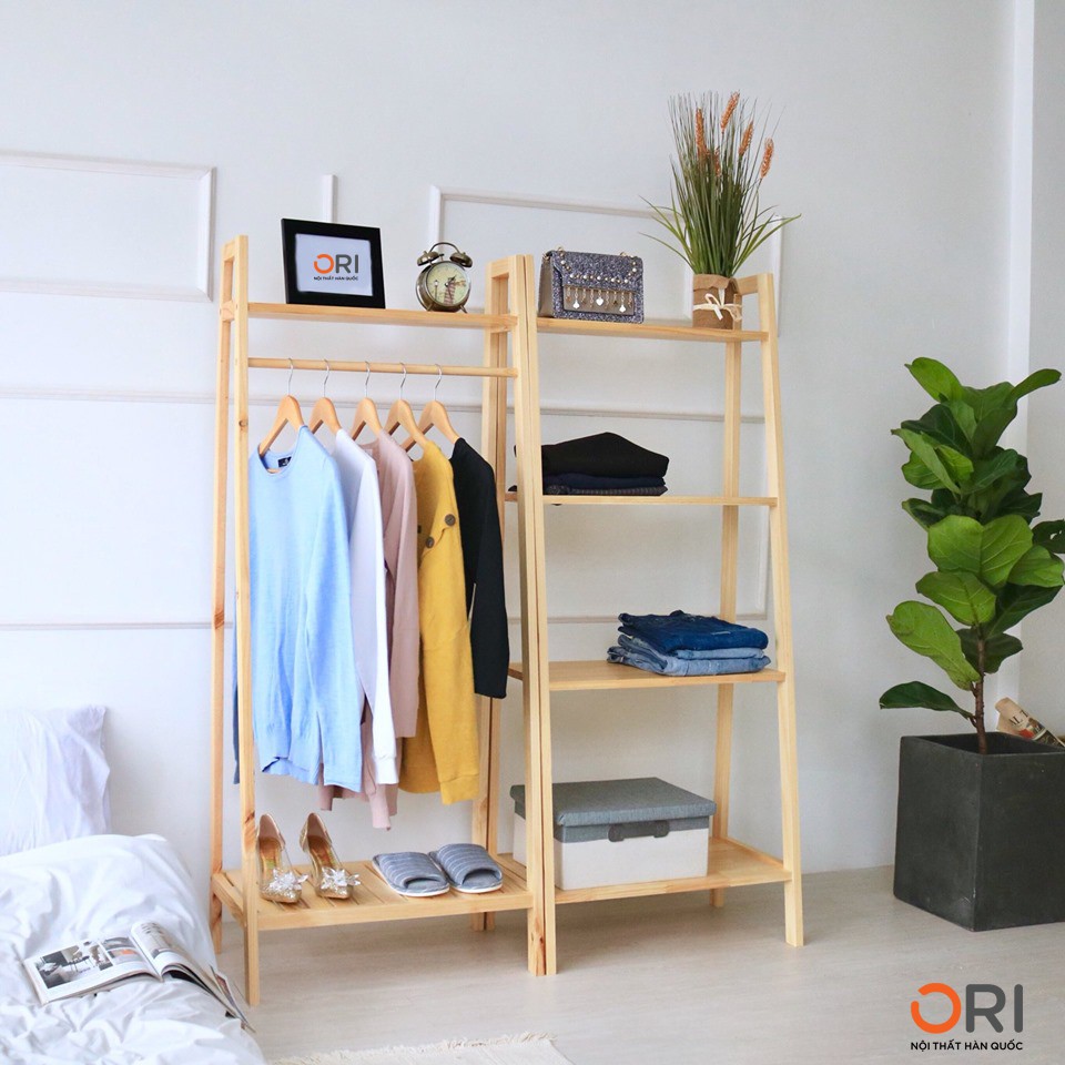 COMBO GIÁ TREO QUẦN ÁO - KỆ TRANG TRÍ 4 TẦNG - LADDER HANGER - A BOOKSHELF 4F - NATURAL