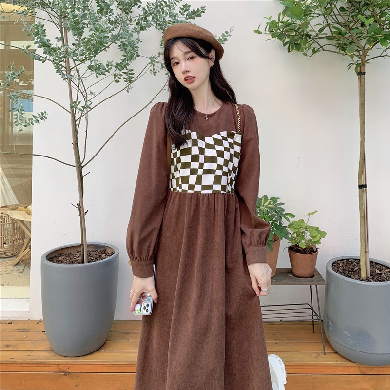 Đầm Nữ Giả Hai Lớp Thắt Lưng Họa Tiết Caro Phong Cách Hàn Quốc Thời Trang