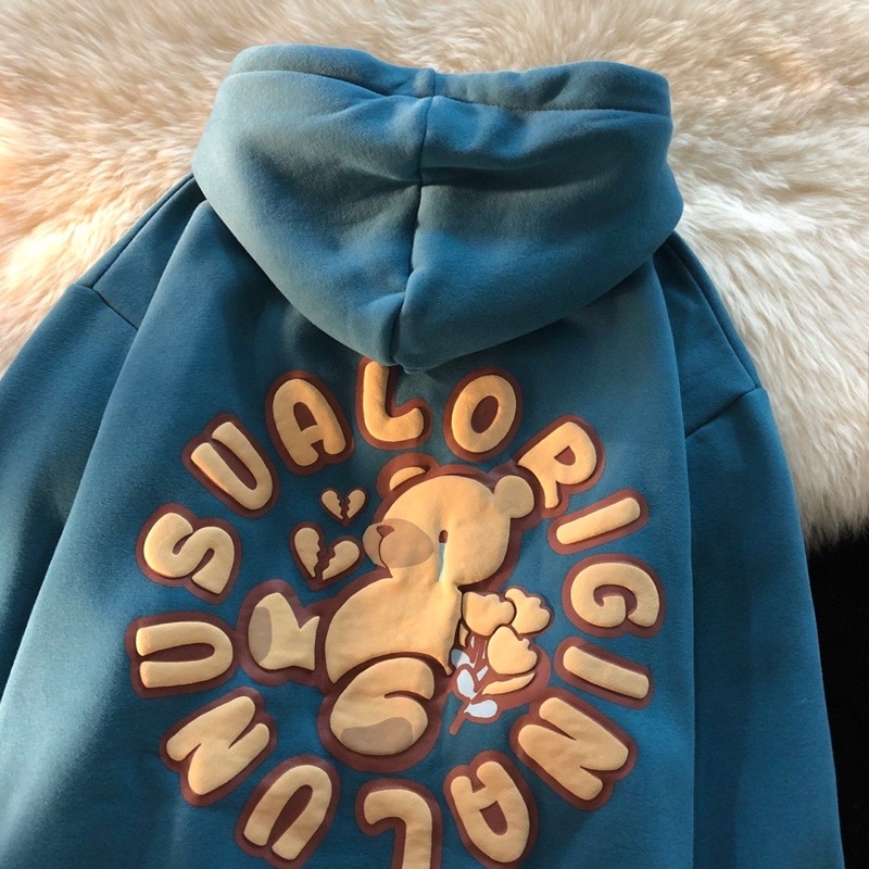 Áo Hoodie nam nữ unisex in 2 mặt chữ nổi , Áo nỉ bông có mũ 2 lớp phom rộng tay phồng dày dặn phong cách hàn quốc