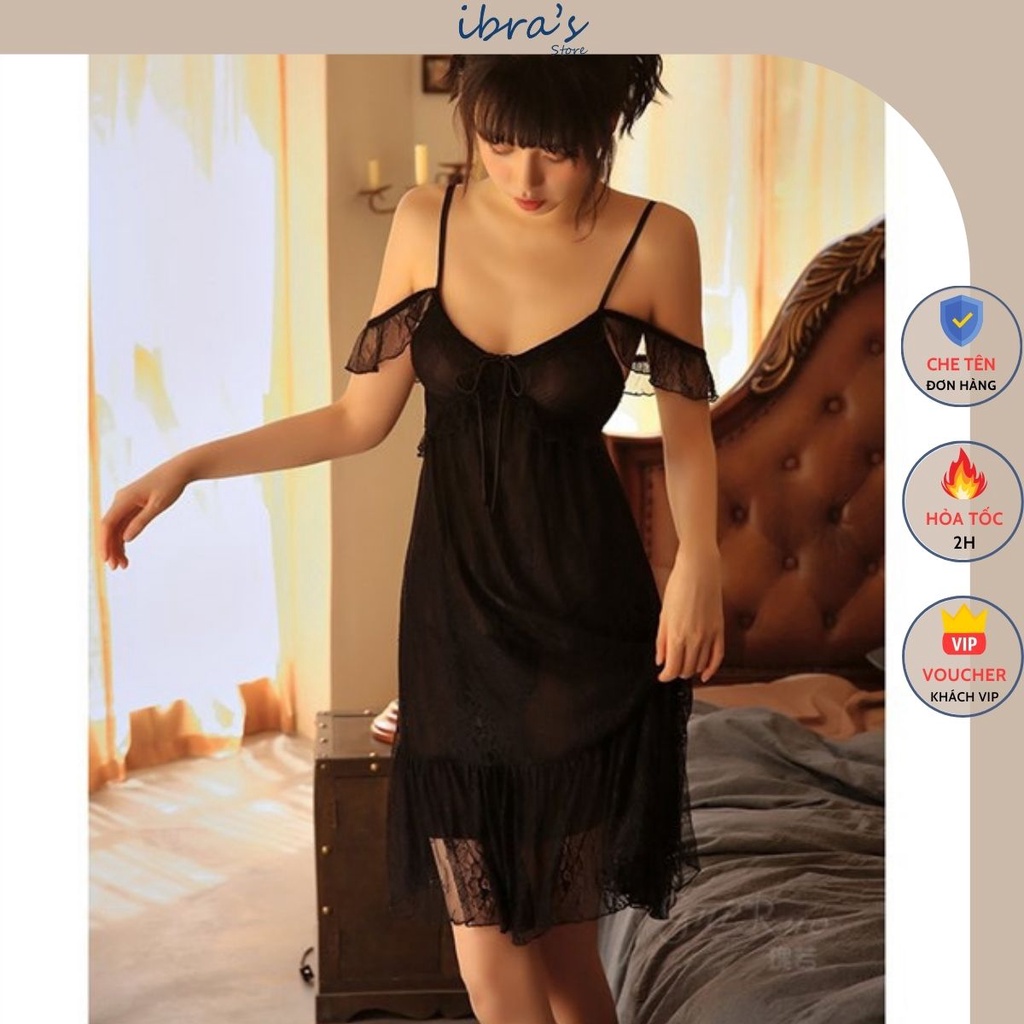 Váy Ngủ Sexy Gợi Cảm Xuyên Thấu iBRA'S STORE Đồ Ngủ Sexy Nữ Trễ Vai Ren Hoa Thêu Lưới Mỏng Nóng Bỏng Quyền Rũ mặc nhà V2