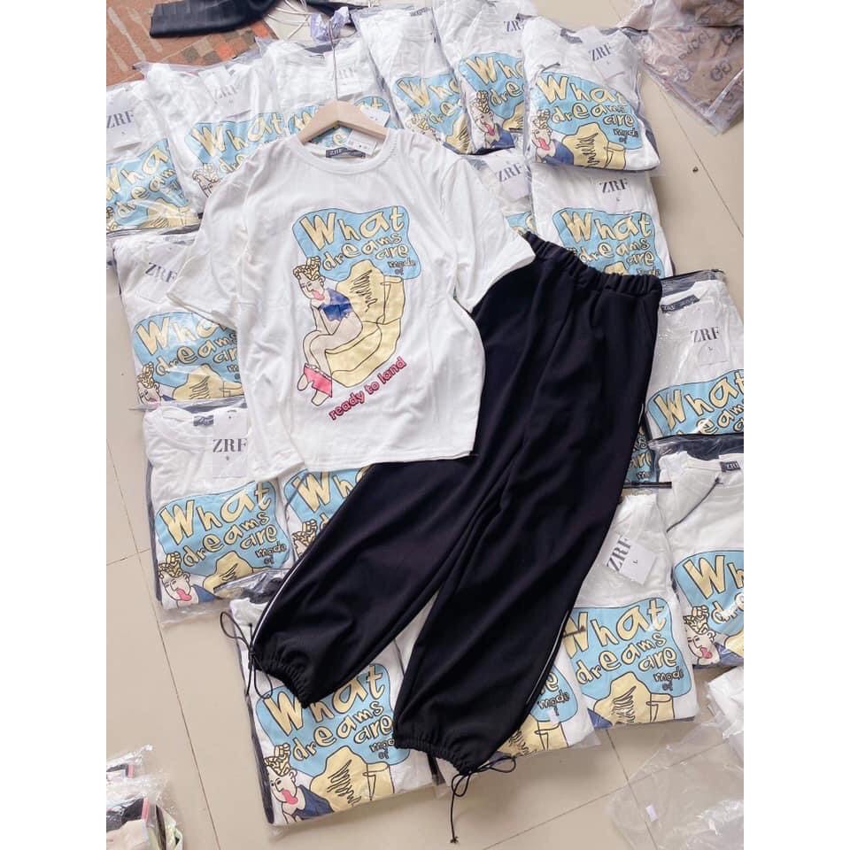 Set bộ áo thun WHAT DREAM form rộng tay lỡ phối quần suông jogger dây rút gấu/ Bộ quần áo nữ mùa hè thời trang unisex | BigBuy360 - bigbuy360.vn