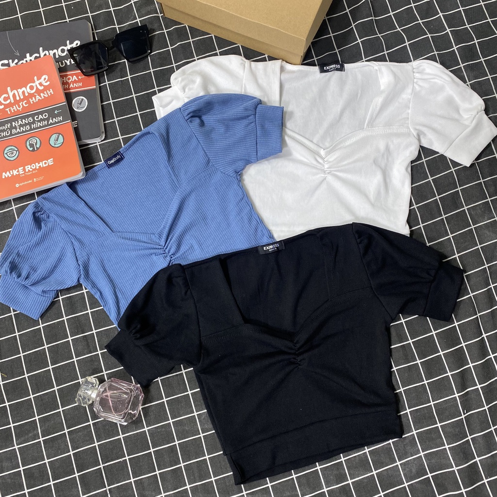 Áo Croptop Tay Phồng Ngắn Cổ Vuông Nhún Ngực Siêu Xinh Satiny DB63 | BigBuy360 - bigbuy360.vn