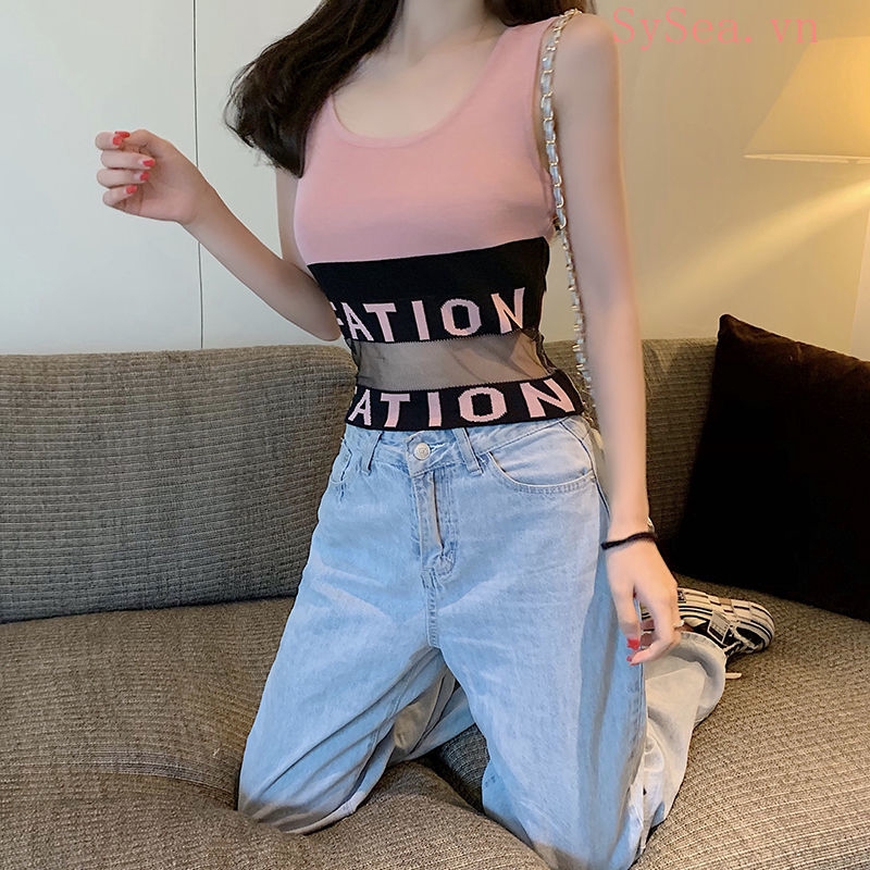 Áo croptop sát nách phối lưới in hoạ tiết chữ thiết kế thời trang tùy chọn màu sắc