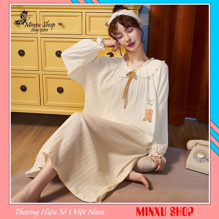 Váy ngủ mặc nhà mùa đông đầm ngủ dài tay sexy dễ thương vải Cotton sợi bông mềm mịn, thoáng khí, thấm mồ hôi