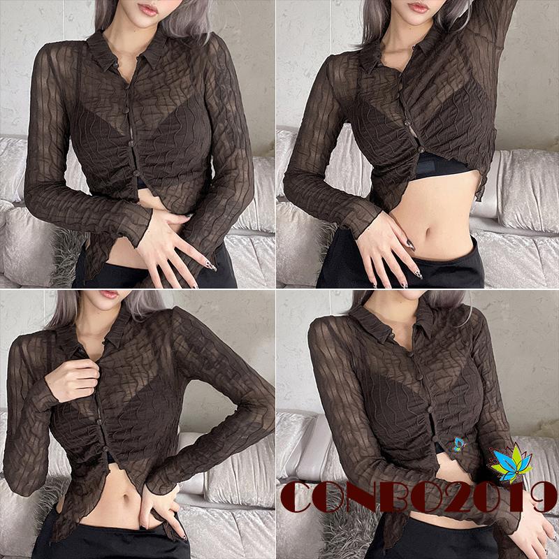 Áo Croptop Tay Dài Phối Nút Thiết Kế Đơn Giản Cho Nữ