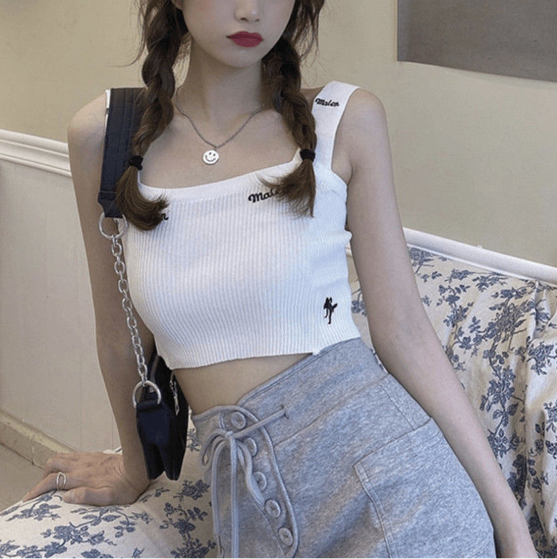 SUXI Áo Lửng Hai Dây Thêu Chữ Phong Cách Hàn Quốc Dành Cho Nữ