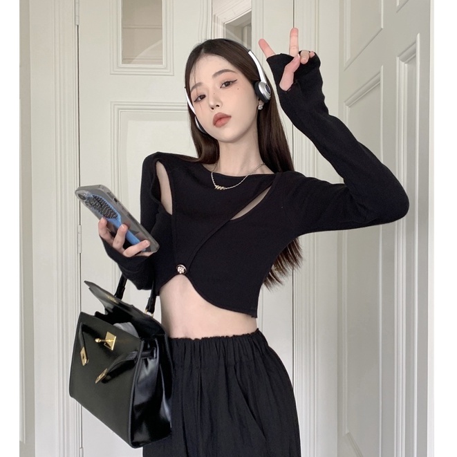 Áo croptop QKOOLE dệt kim tay dài phong cách Hàn Quốc cho nữ