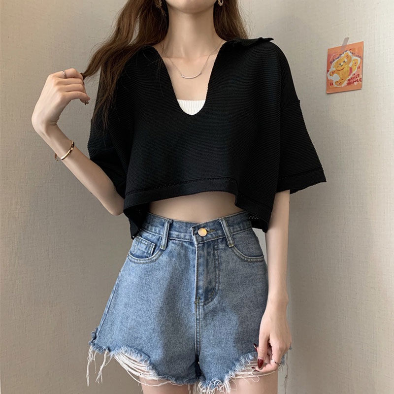 Áo Sweater Mỏng Dáng Rộng Ngắn Tay Cổ Chữ V Thời Trang Mùa Hè Hàn Quốc Hàng Mới Dành Cho Bạn Nữ 2022
