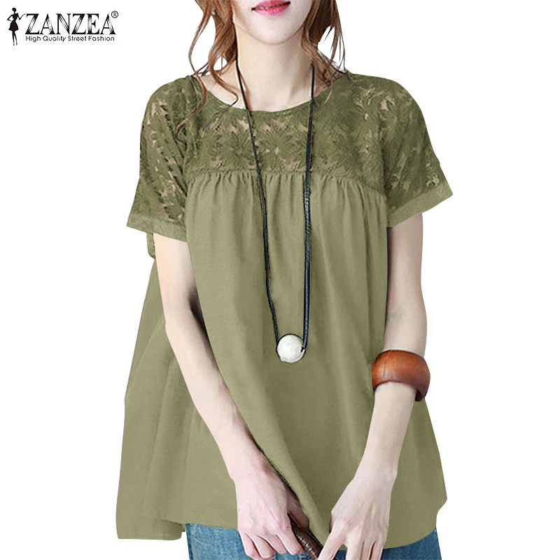 Áo thun Zanzea tay ngắn phối ren thời trang tùy chọn màu sắc dành cho nữ