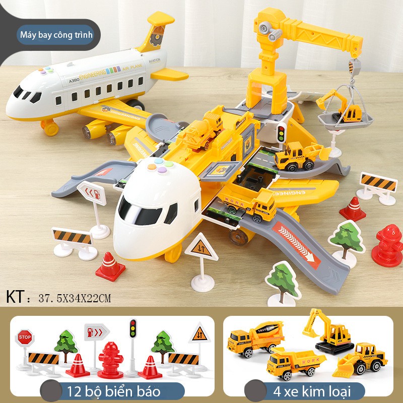 Bộ đồ chơi máy bay công trình KAVY có nhạc đèn chạy trớn kèm giàn cẩu thang trượt 4 ô tô kim loại, biển báo - màu vàng