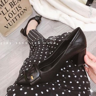 Giày Đen Cao Gót Đế Vuông Năm Phân