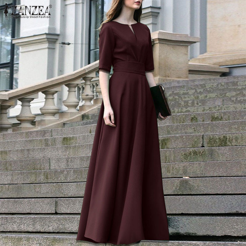 Đầm maxi Zanzea tay lửng thắt lưng phong cách vintage dành cho nữ