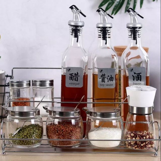 Kệ để gia vị 9 hũ thủy tinh kèm kệ inox 304 không han rỉ