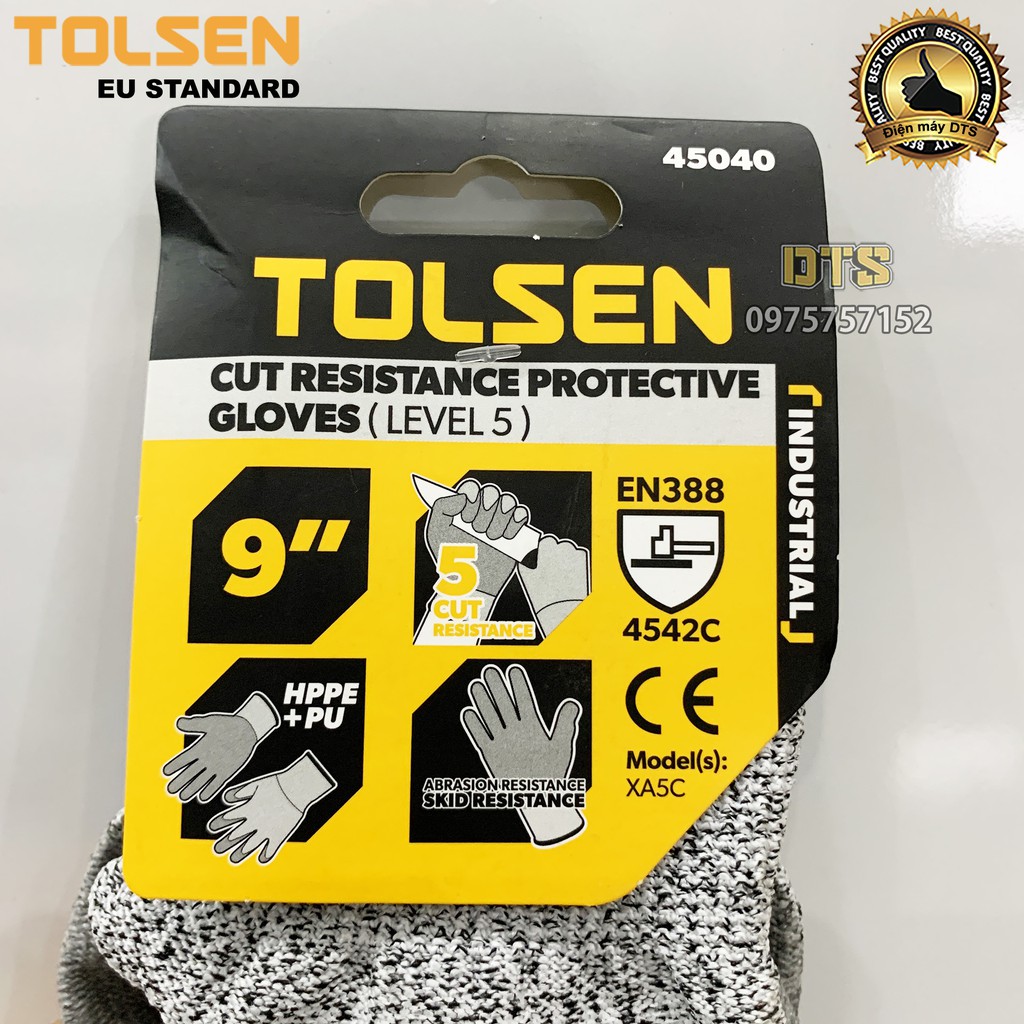 Găng tay chống cắt cấp độ 5 TOLSEN phủ PU, găng tay bảo hộ chống đâm xuyên, mài mòn, xé rách theo tiêu chuẩn EN388 4543