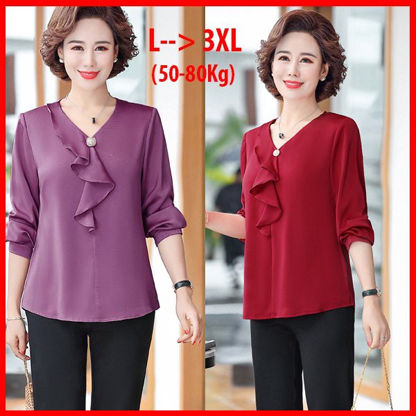 HÌNH THẬT 45-80KG - ÁO SƠ MI DÁNG RỘNG TRUNG NIÊN KIỂU ÁO QUÝ BÀ GIẤU BỤNG PHỐI VOAN ĐÍNH PHỤ KIỆN 3A21 3A17 3A05