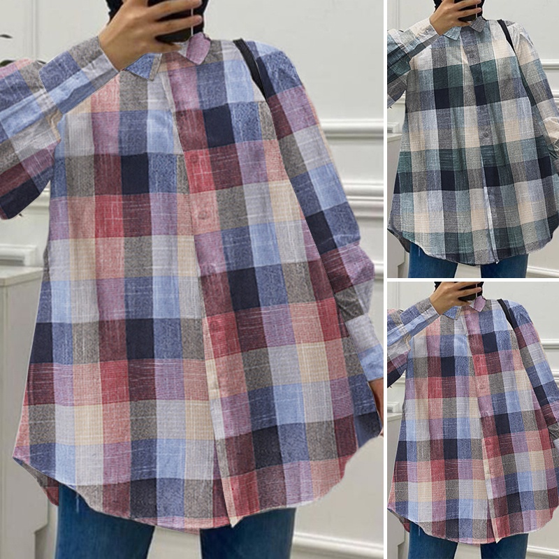 Áo sơ mi ZANZEA tay dài họa tiết sọc ca rô thời trang retro cho nữ