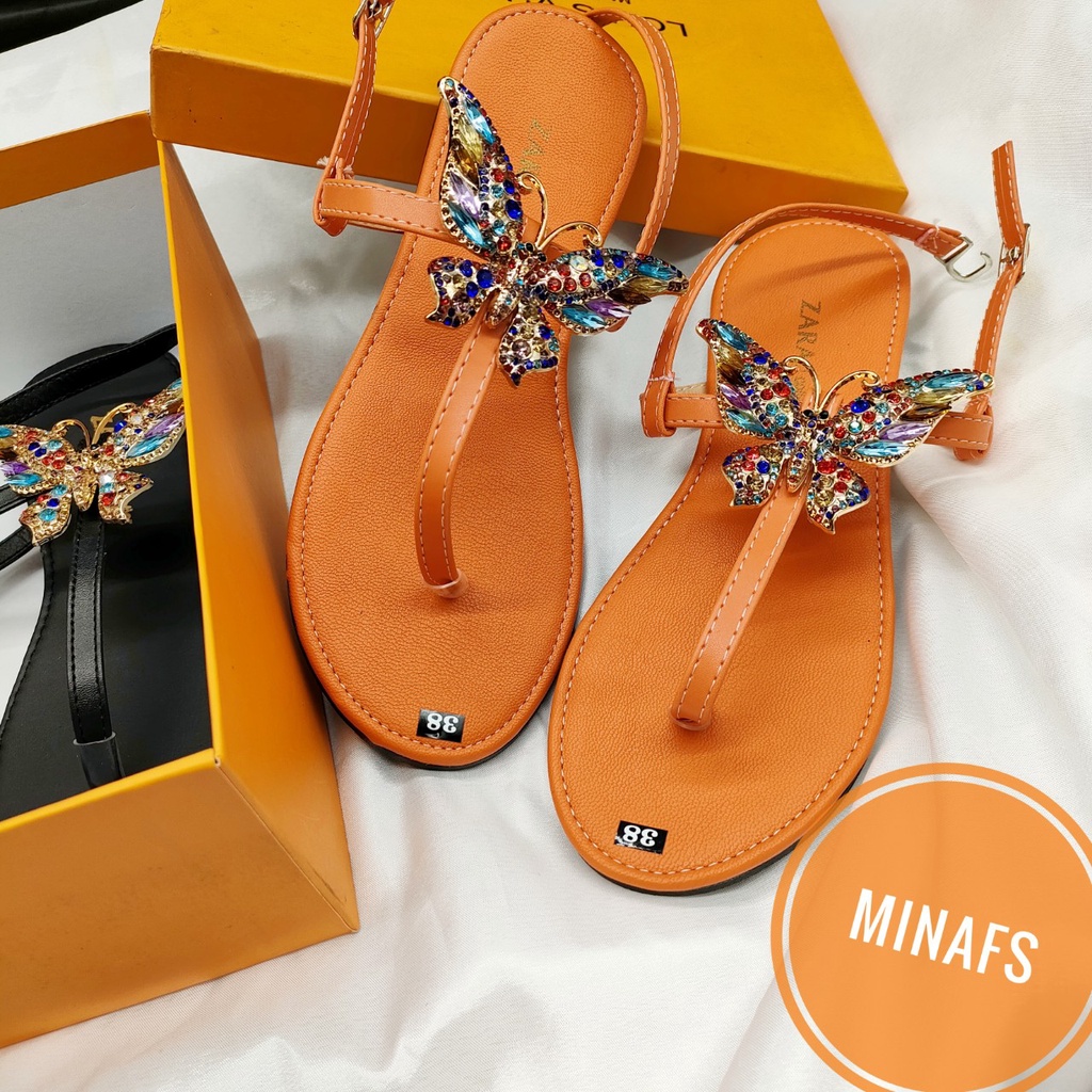 Xăng Đan Nữ MINAFS Đế Bằng Kẹp Ngón Đính Đá Con Bướm Đẹp Cao Cấp Sandal Bệt Quai Mảnh Màu Đen Cam Đi Dạo Dễ Thương
