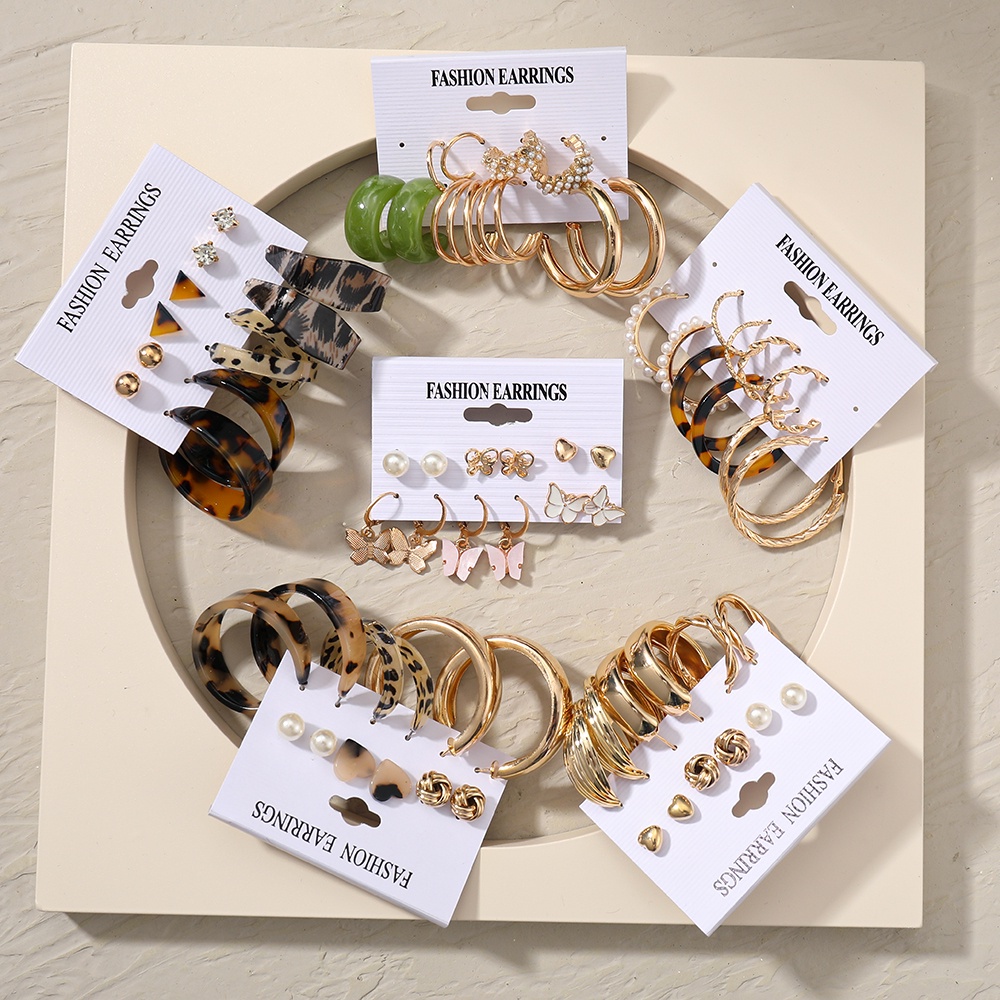 Set khuyên tai bằng kim loại và nhựa họa tiết bướm da báo đính ngọc trai nhiều kiểu dáng đa dạng
