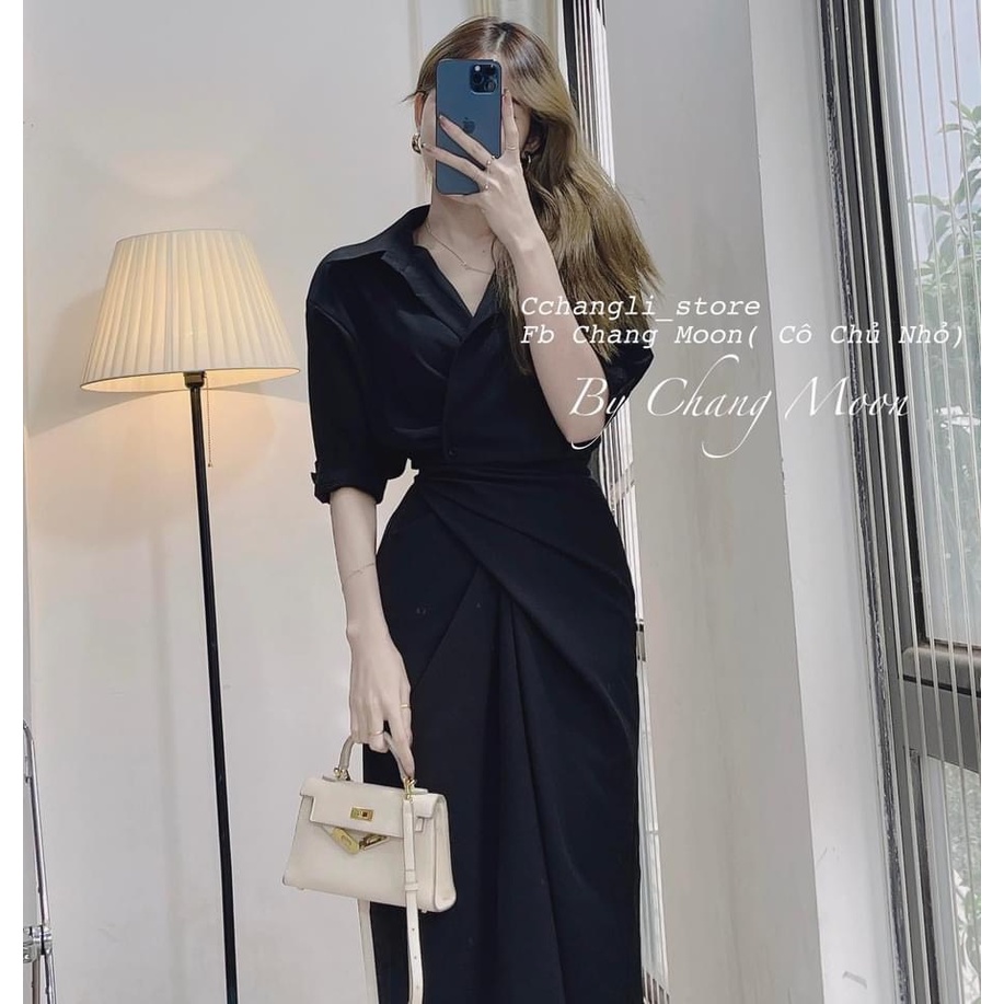 Đầm vạt chéo buộc đai eo 2 màu dài tay