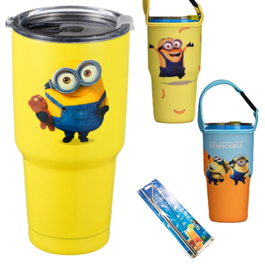 ĐỦ BỘ LY GIỮ NHIỆT 900ML HÌNH MINION VÀNG CÓ TÚI, 2 ỐNG HÚT, CỌ