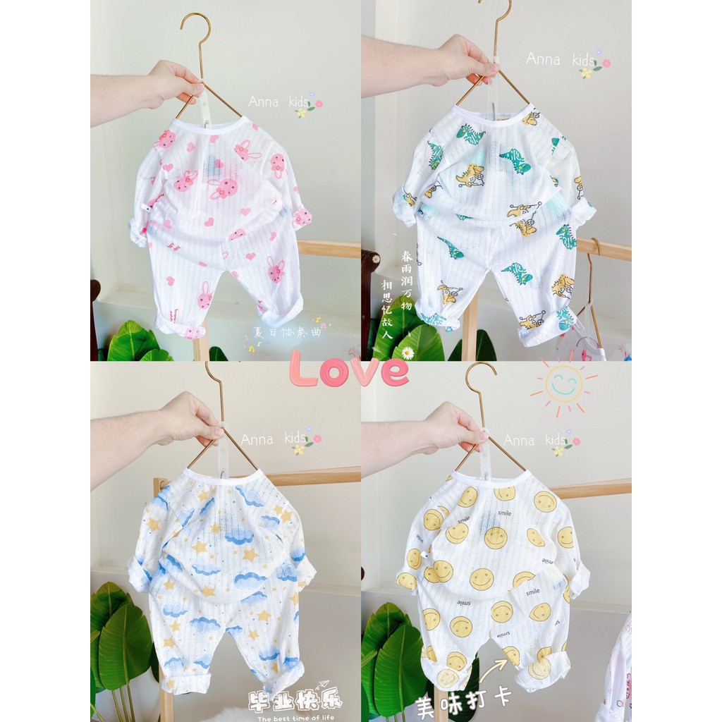 COMBO 5 Bộ Cotton Giấy Dài Tay Khuy Vai Cho Bé Trai Bé Gái 4-14Kg, Bộ Cotton Giấy Dài Tay Họa Tiết Đáng Yêu