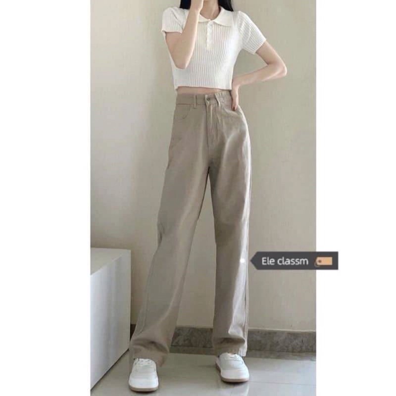 Quần jean nữ màu nâu sữa lưng cạp cao ống suông dài phom rộng chất đẹp loại 1 phong cách Ulzzang