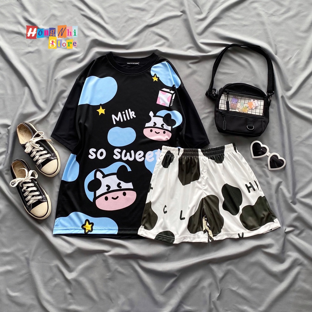 Set Bộ Thun Ngủ Con Bò Tay Lỡ Phối Quần Short Hoạt Hình Oversize Ulzzang Dáng Rộng D8 - MM