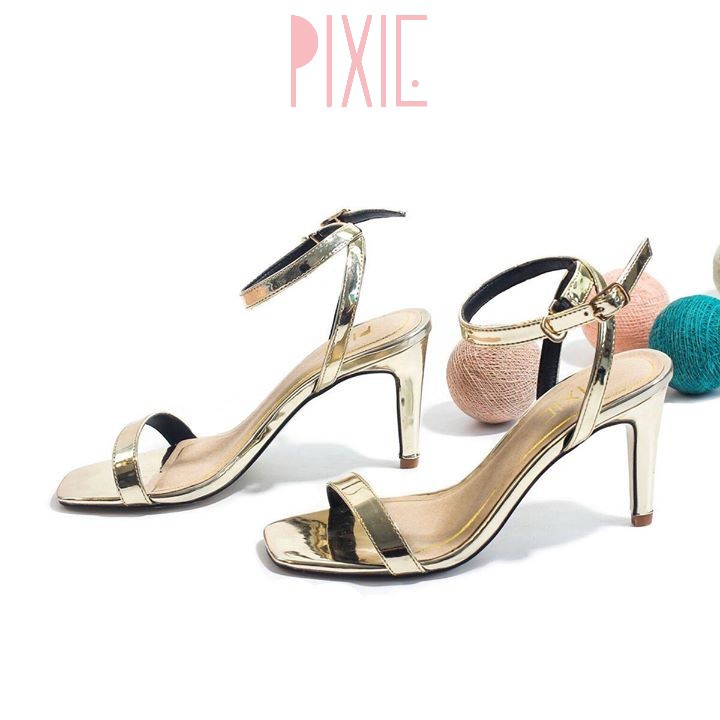 Giày Sandal Cao Gót 7cm Quai Mảnh Gót Nhọn Màu Nhũ Vàng Pixie P131