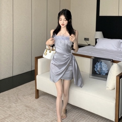Đầm Satin Mỏng Cổ Gấp Eo Cao Gợi Cảm Mùa Hè Phong Cách Mới Kiểu Pháp Cho Nữ