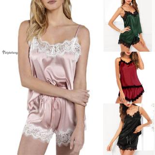 Set đồ ngủ ngắn hai dây chất vải phi bóng gợi cảm cho nữ